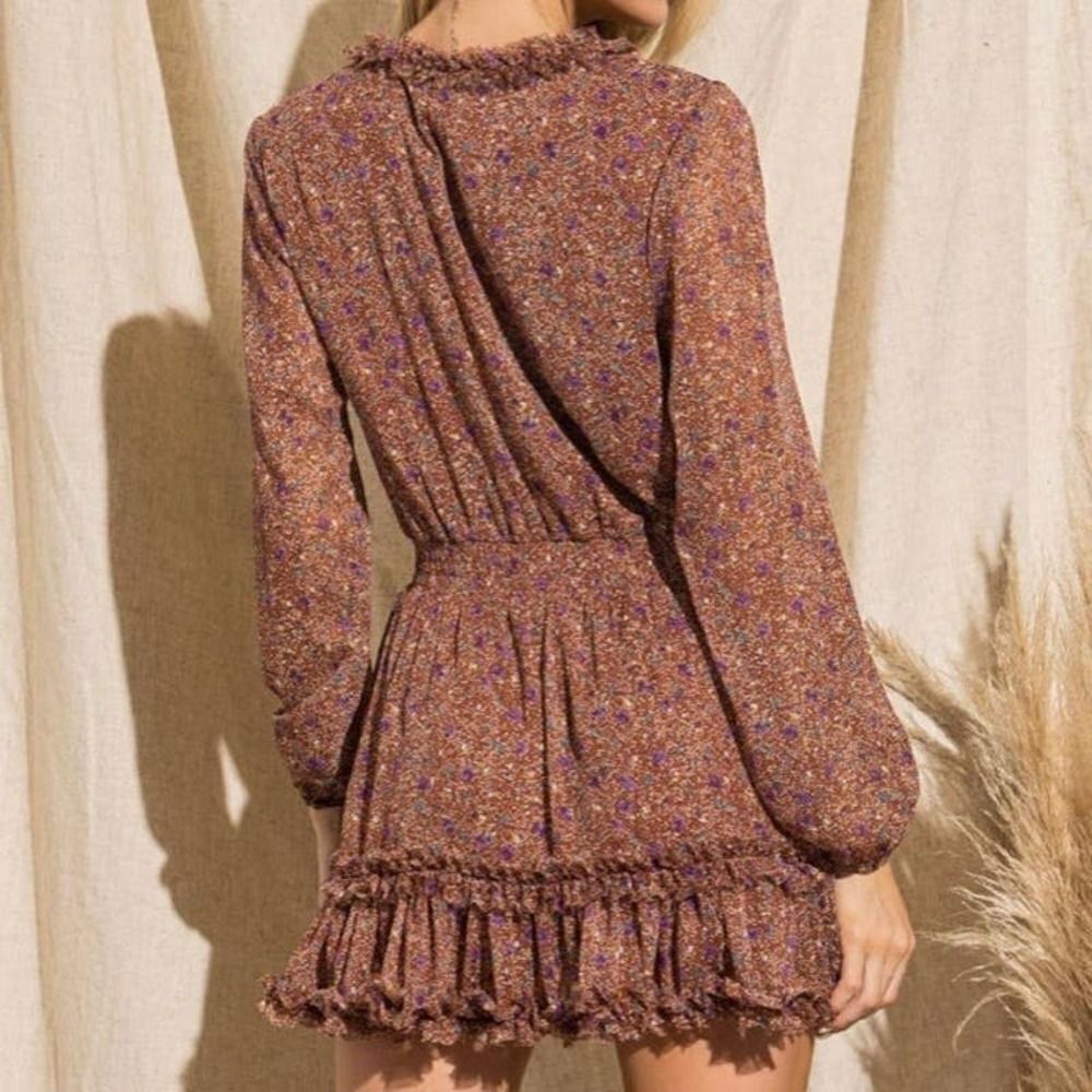 New BaeVely Brown Printed Ruffle Mini Dress Size Large - Picture 2 of 9
